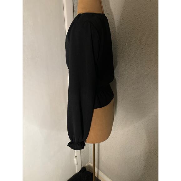 Topshop Black V-Neck Buttondown Smocked Peplum Top 2 Peasant Boho Classic Casual - Picture 4 of 12